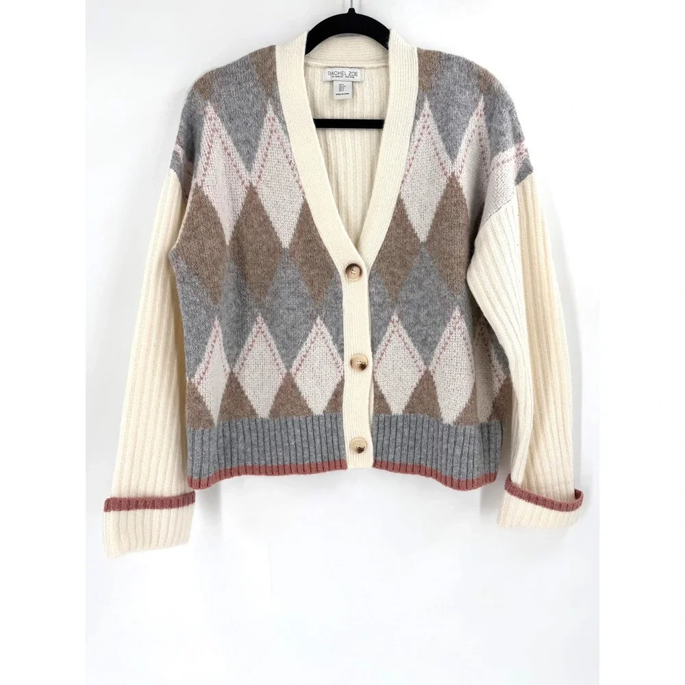 Rachel Zoe Argyle Cardigan Womens Small Cream Grey V-Neck Preppy Oxford Academia
